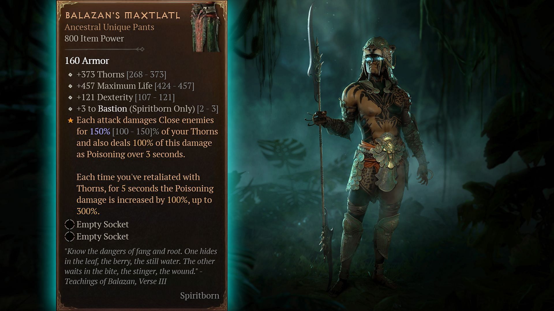Use Balazan's Maxtlatl to dish out massive poisoning damage through your thorns and watch enemies kill themselves when they attack you (Image via Blizzard Entertainment)